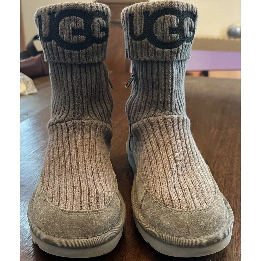 UGG Charcoal Gray Classic Knit & Suede Boots Women’s Size 8